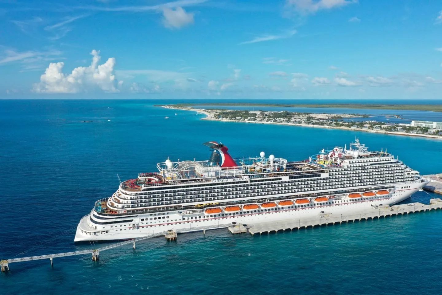 Cruise ship docked at the Resorts World Bimini pier, built by OPAC Bahamas