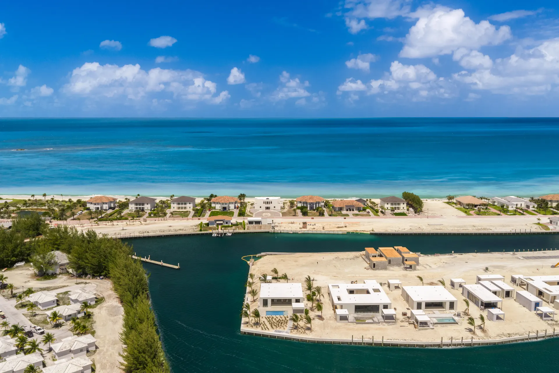 Aerial of canal-front lots under construction