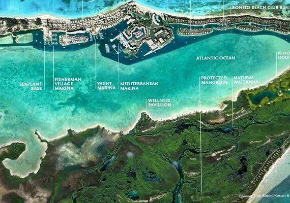 Labeled aerial plan with marinas, seaplane base and wellness pavilion