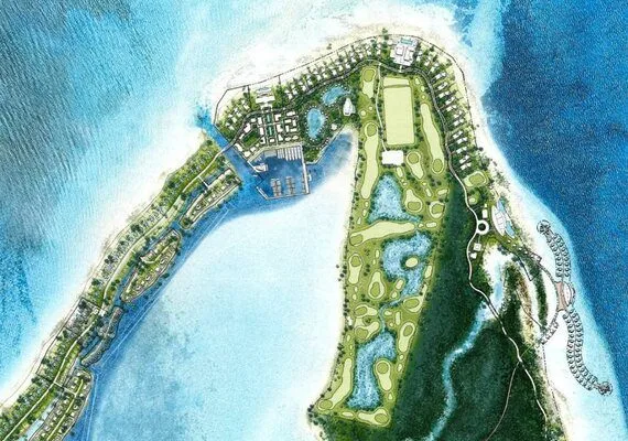 Watercolor plan of the golf course and marina